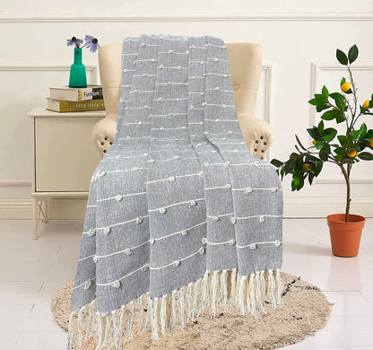 SAJAVAT HOME Pure Cotton Sofa Throw | 52x82 INCHES / 132x208 CMS | Hand Knitted with Tassels | Reversible and Breathable | Beige Multi & Grey - (Pack of 2)