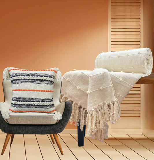 Pure Cotton Beige Sofa Throw & Cushion Cover