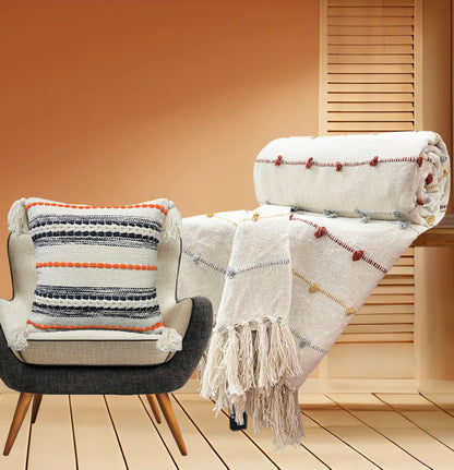 Pure Cotton Beige Multi Sofa Throw & Cushion Cover