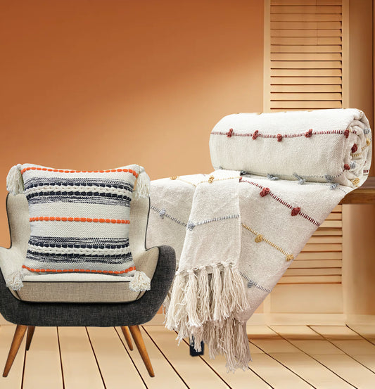 Pure Cotton Beige Multi Sofa Throw & Cushion Cover
