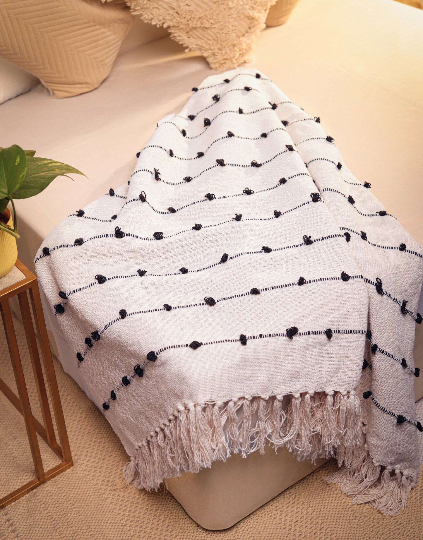 Pure Cotton Beige & Black Sofa Throw
