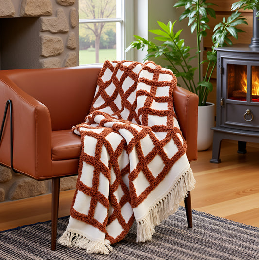 Pure Cotton White & Deep Brown Sofa Throw