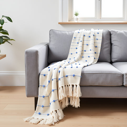 Pure Cotton Beige & Blue Sofa Throw