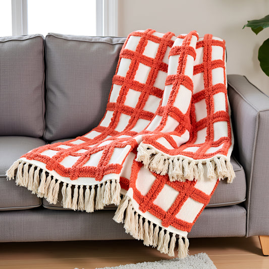 Pure Cotton White & Orange Sofa Throw